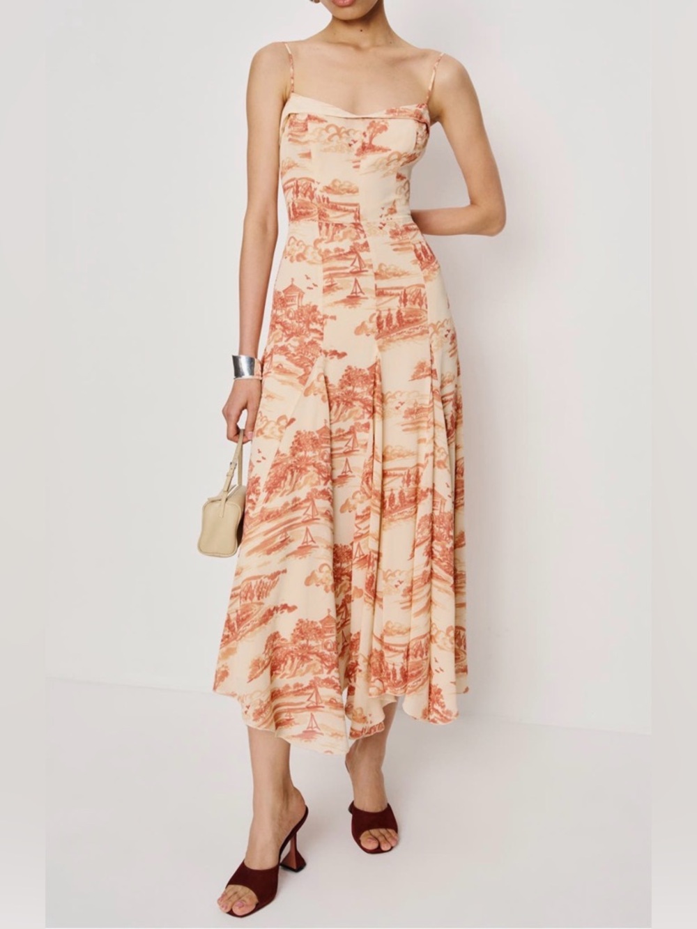 NWT Reformation Fredo Landscape Print Open Back Dress In Neutral Size 10